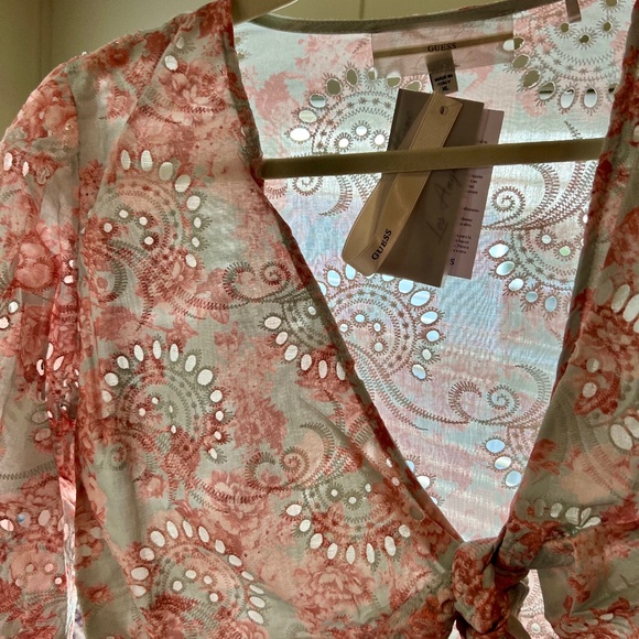 NWT GUESS Silvia Tie-Front Puff Sleeve Embroidered Eyelet Cotton Crop Top/XL - Picture 9 of 16